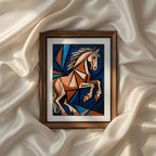 Terracotta Earthy Warm Abstract Neutral Picasso Inspired Printable Wall Art Set of 9 featuring a geometric white horse in earthy terracotta, navy blue, cream, and warm ochre tones. Modern cubist animal artwork for living room, office, ranch home, and contemporary gallery wall decor. Instant digital download printable wall art.