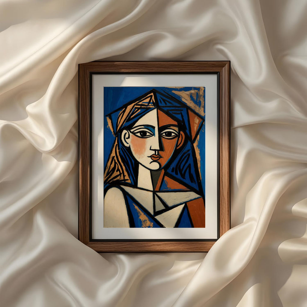 Terracotta Earthy Warm Abstract Neutral Picasso Inspired Printable Wall Art Set of 9 featuring an elegant abstract female portrait in cubist style with rich blue, terracotta, cream, and ochre color palette. Printable modern wall decor for bedroom, hallway, living room, and minimalist gallery wall. Instant digital download.
