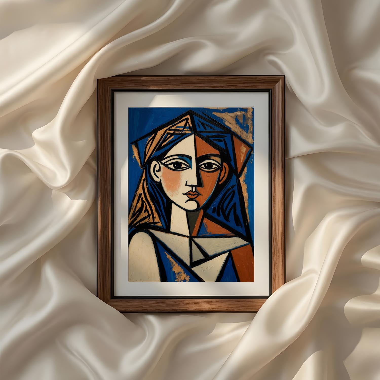 Terracotta Earthy Warm Abstract Neutral Picasso Inspired Printable Wall Art Set of 9 featuring an elegant abstract female portrait in cubist style with rich blue, terracotta, cream, and ochre color palette. Printable modern wall decor for bedroom, hallway, living room, and minimalist gallery wall. Instant digital download.