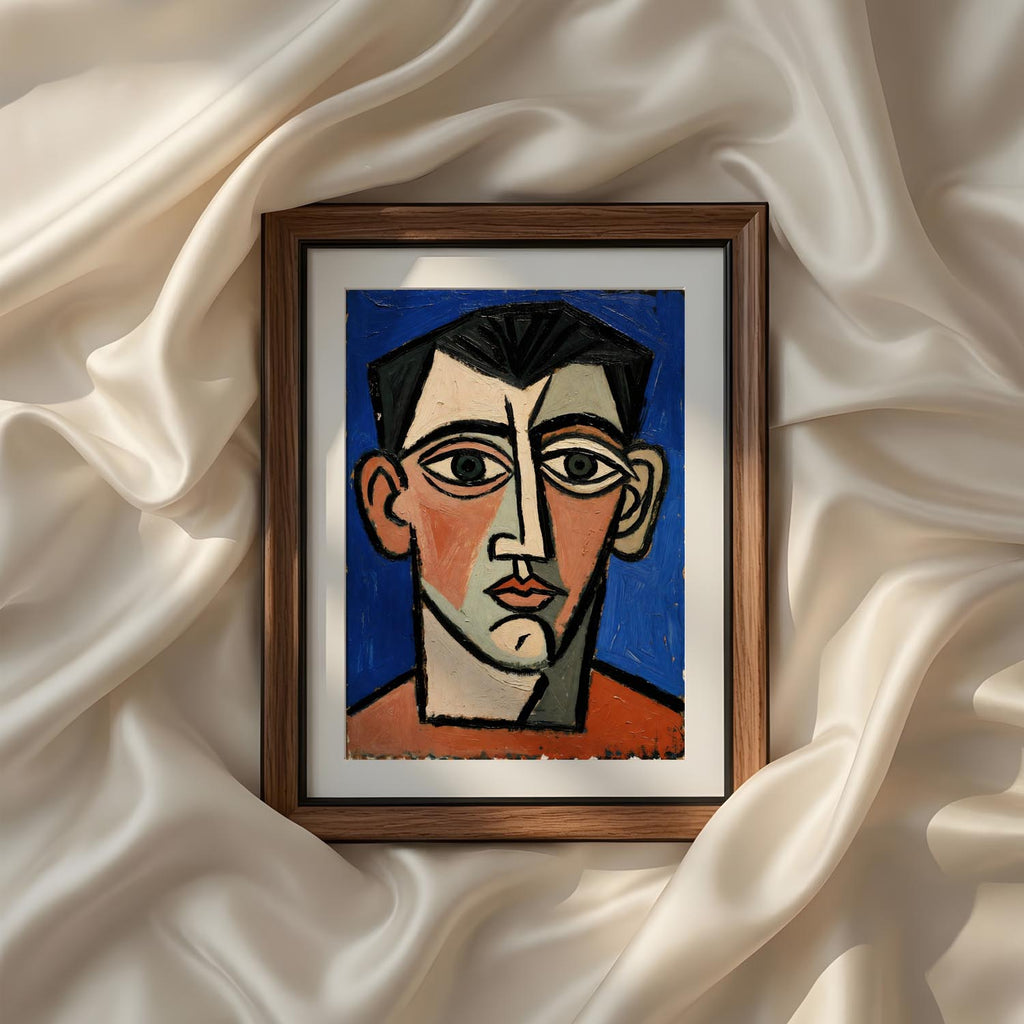 Terracotta Earthy Warm Abstract Neutral Picasso Inspired Printable Wall Art Set of 9 displaying a modern cubist male portrait with expressive geometric facial features in earthy neutral colors. Contemporary printable abstract wall art for office, study, apartment, masculine decor, and gallery wall inspiration.
