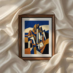 Terracotta Earthy Warm Abstract Neutral Picasso Inspired Printable Wall Art Set of 9 featuring an abstract geometric mountain landscape in warm terracotta, navy blue, ivory, and golden tones. Minimalist printable wall art for Scandinavian interiors, Japandi decor, living room, and instant digital download.