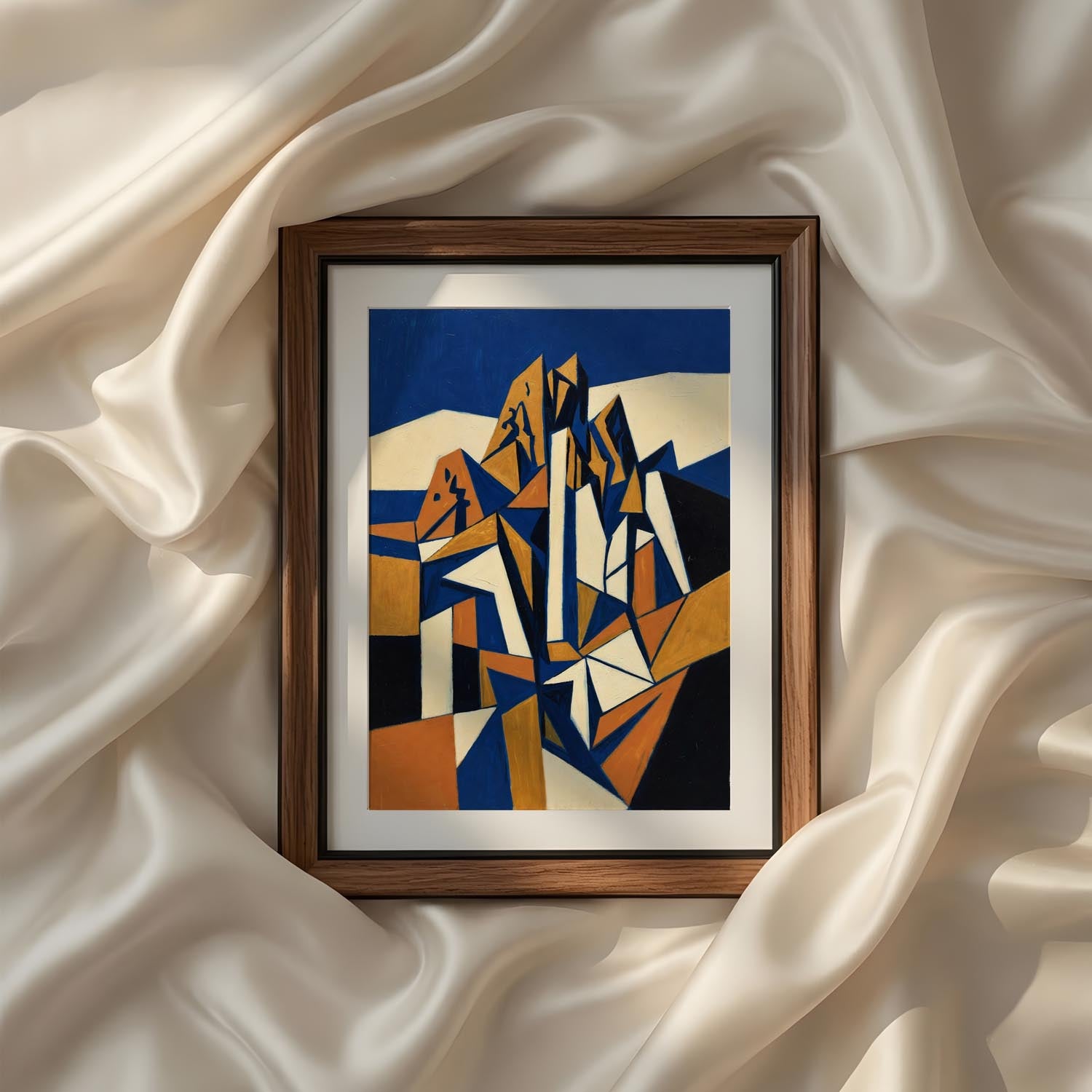 Terracotta Earthy Warm Abstract Neutral Picasso Inspired Printable Wall Art Set of 9 featuring an abstract geometric mountain landscape in warm terracotta, navy blue, ivory, and golden tones. Minimalist printable wall art for Scandinavian interiors, Japandi decor, living room, and instant digital download.