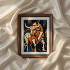 Terracotta Earthy Warm Abstract Neutral Picasso Inspired Printable Wall Art Set of 9 showcasing a bold cubist bull illustration in earthy brown, cream, terracotta, and deep blue tones. Printable modern animal wall art for rustic contemporary homes, western decor, office gallery walls, and instant download.