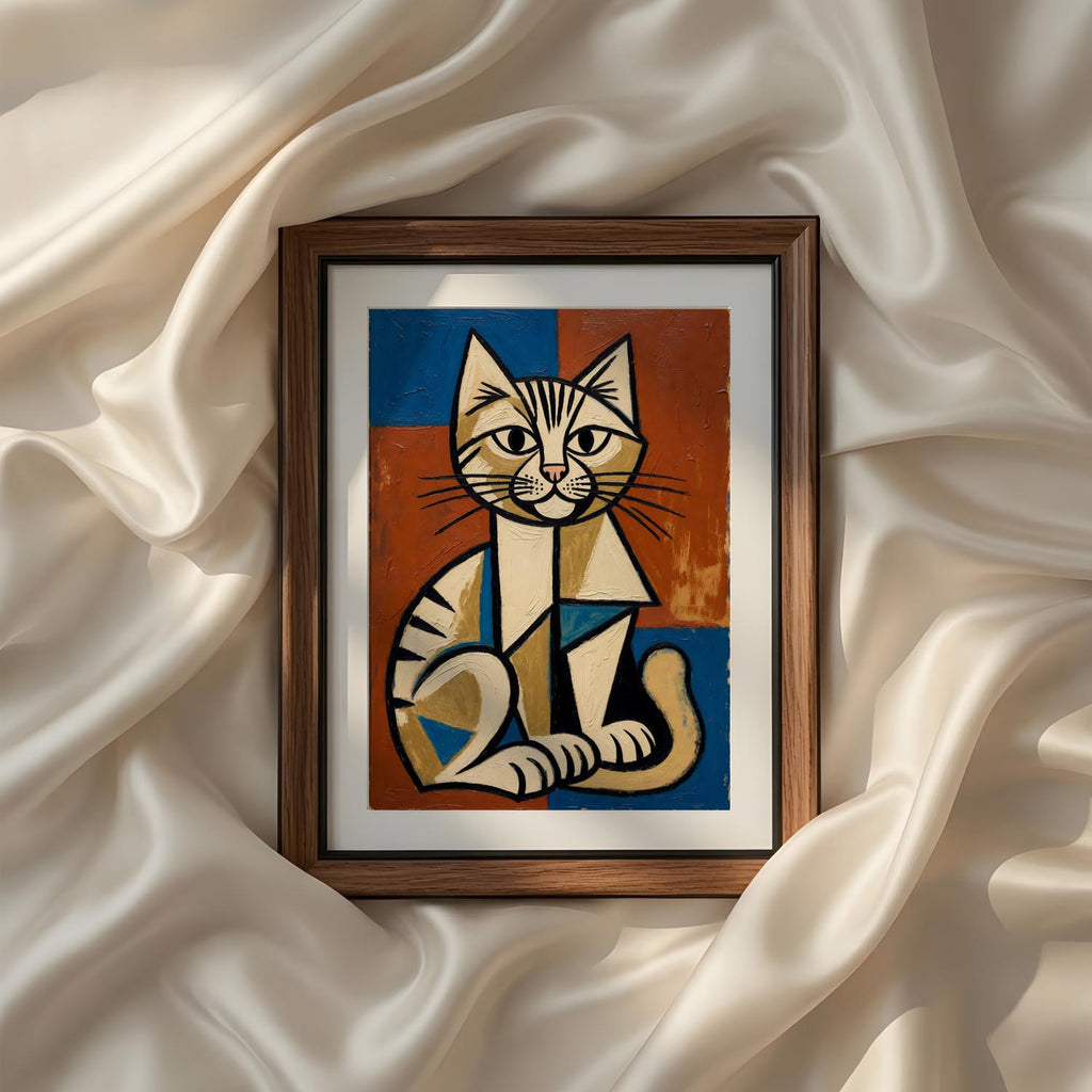 Terracotta Earthy Warm Abstract Neutral Picasso Inspired Printable Wall Art Set of 9 featuring a playful abstract cat illustration in geometric cubist style with warm neutral colors and bold blue accents. Printable pet wall decor for nursery, reading nook, living room, and modern gallery wall. Instant digital download.