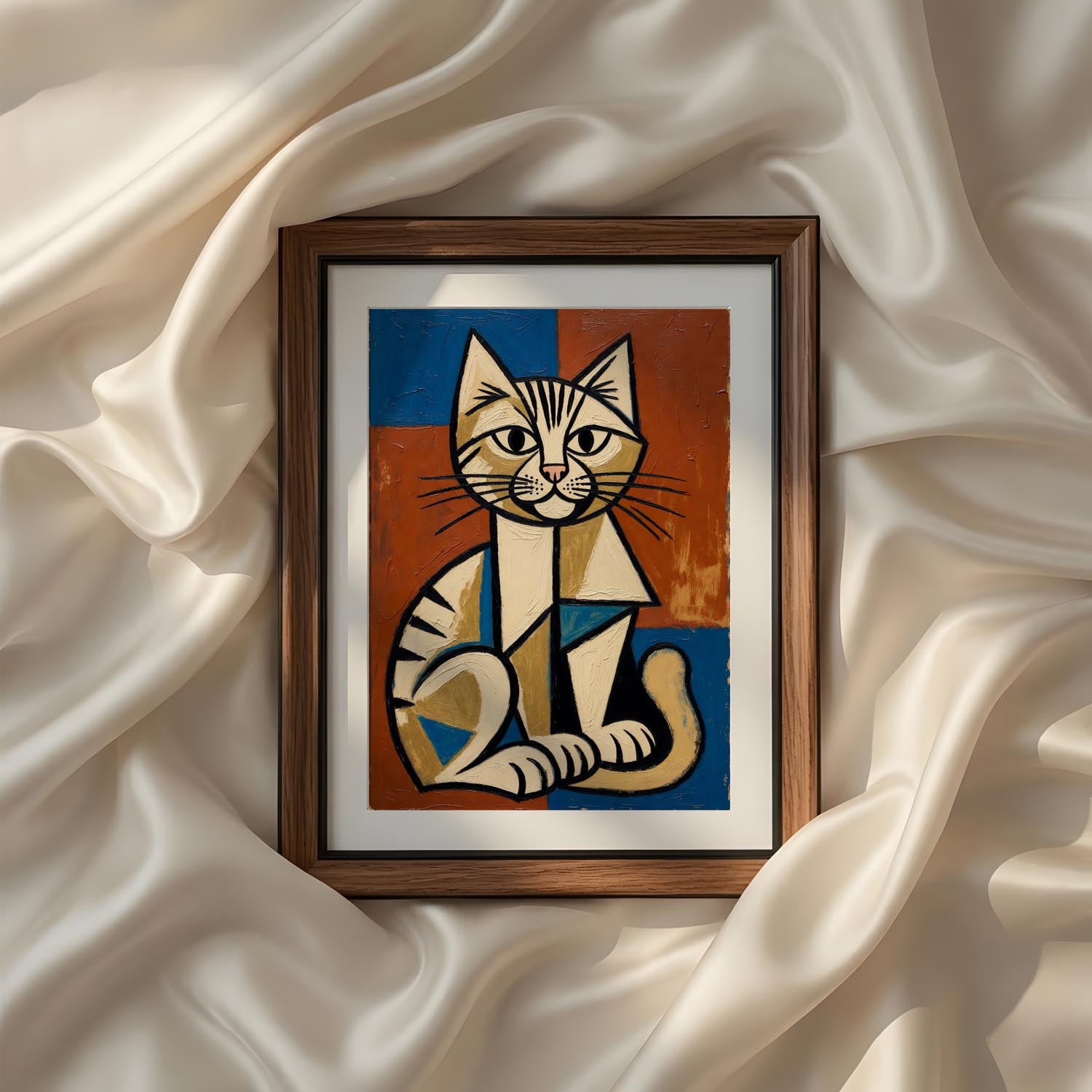 Terracotta Earthy Warm Abstract Neutral Picasso Inspired Printable Wall Art Set of 9 featuring a playful abstract cat illustration in geometric cubist style with warm neutral colors and bold blue accents. Printable pet wall decor for nursery, reading nook, living room, and modern gallery wall. Instant digital download.