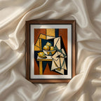 Terracotta Earthy Warm Abstract Neutral Picasso Inspired Printable Wall Art Set of 9 displaying a cubist still life with fresh lemons, folded fabric, and geometric composition in warm earth tones. Printable kitchen wall art, dining room decor, modern farmhouse gallery wall, and instant download abstract artwork.