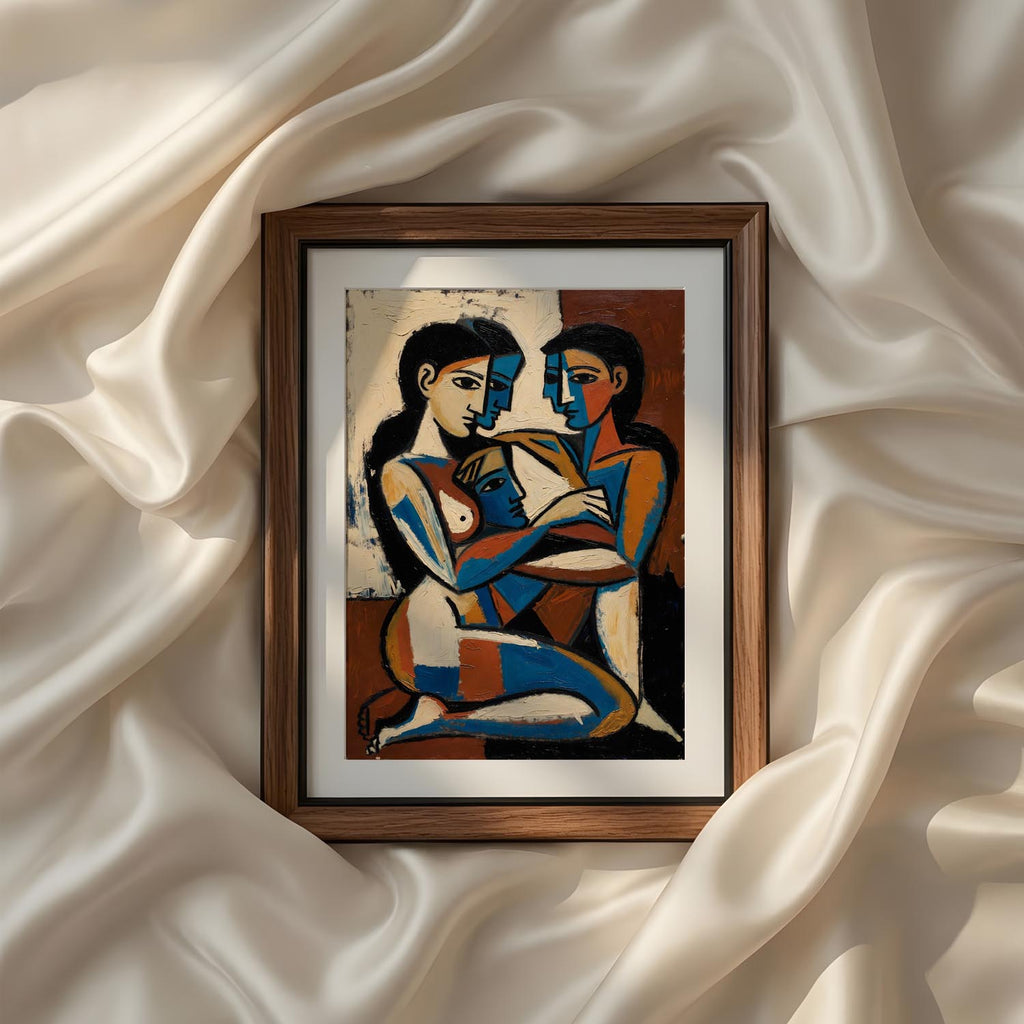 Terracotta Earthy Warm Abstract Neutral Picasso Inspired Printable Wall Art Set of 9 featuring an abstract family portrait in expressive cubist style with warm terracotta, navy blue, ivory, and ochre tones. Contemporary printable wall art celebrating love, connection, and modern home gallery wall decor. Instant digital download.
