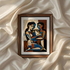 Terracotta Earthy Warm Abstract Neutral Picasso Inspired Printable Wall Art Set of 9 featuring an abstract family portrait in expressive cubist style with warm terracotta, navy blue, ivory, and ochre tones. Contemporary printable wall art celebrating love, connection, and modern home gallery wall decor. Instant digital download.