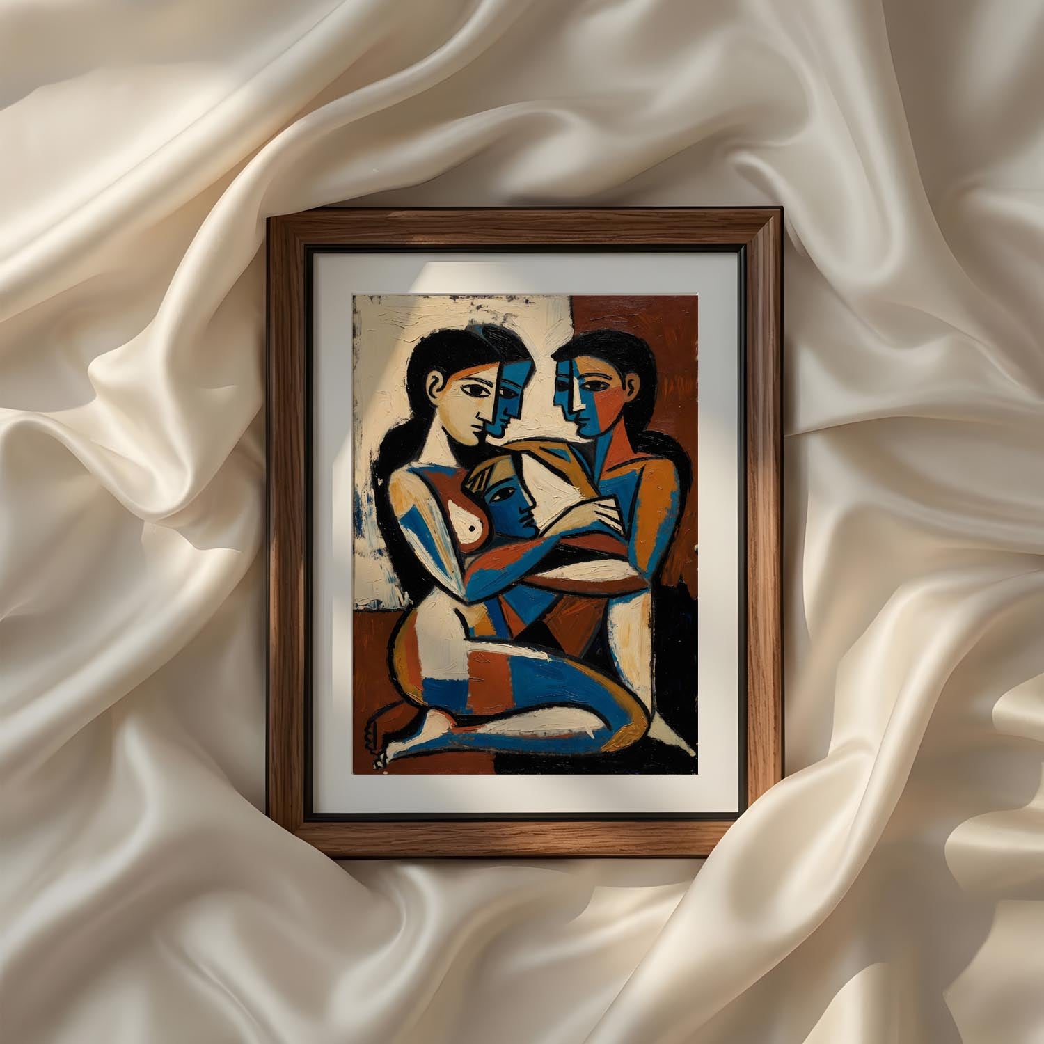 Terracotta Earthy Warm Abstract Neutral Picasso Inspired Printable Wall Art Set of 9 featuring an abstract family portrait in expressive cubist style with warm terracotta, navy blue, ivory, and ochre tones. Contemporary printable wall art celebrating love, connection, and modern home gallery wall decor. Instant digital download.