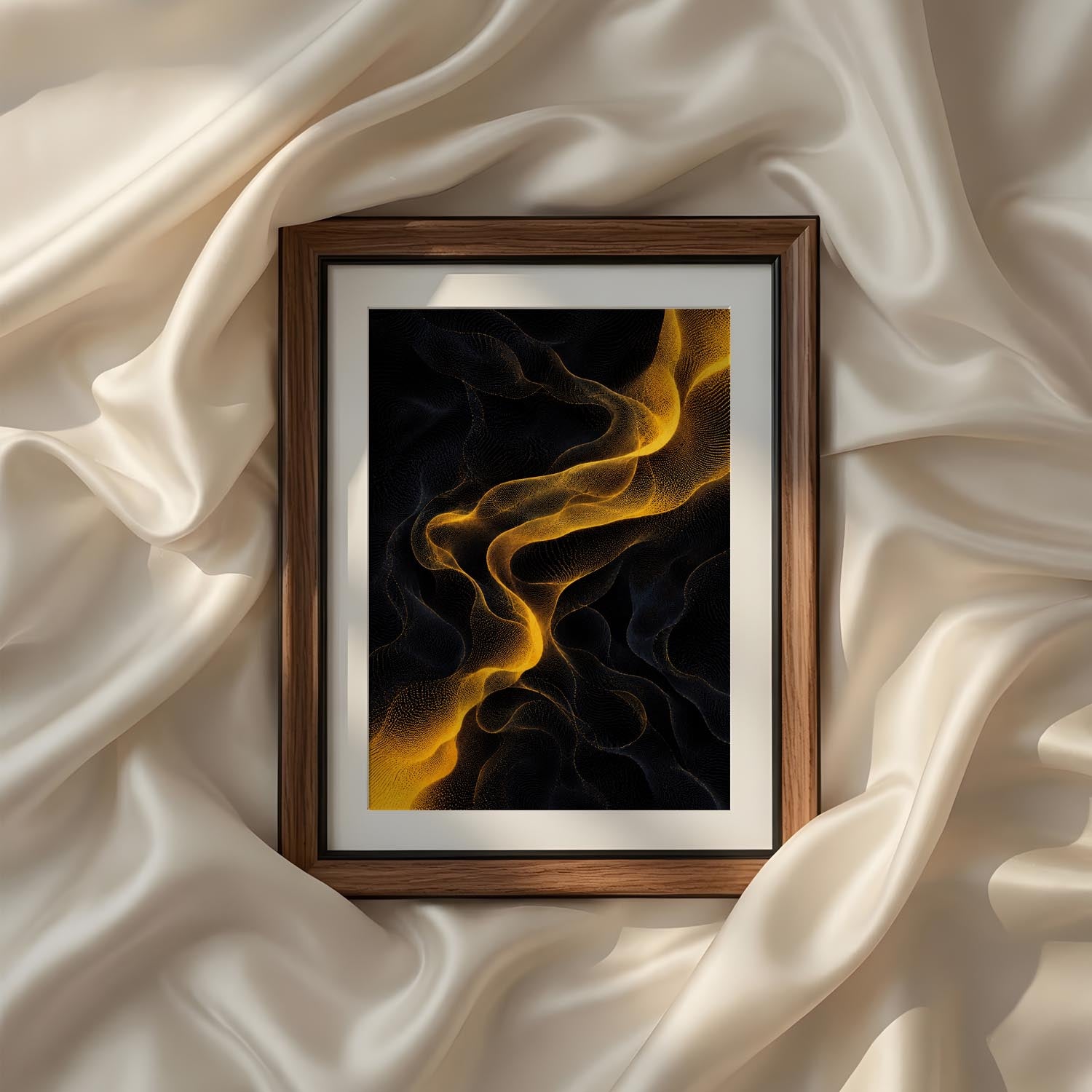 Contemporary yellow and black abstract artwork from the Yellow Modern Abstract Triptych by iArt Tech Studio with fluid organic shapes, layered textures and bold modern composition for minimalist interior design.