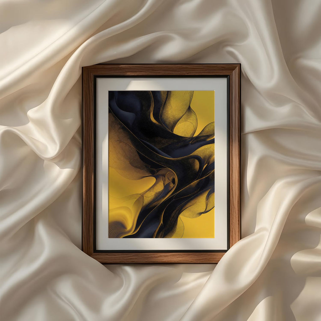 Yellow Modern Abstract Wall Art by iArt Tech Studio featuring flowing golden waves over a deep black background, creating elegant movement and dramatic contrast for contemporary living room, office or bedroom decor.