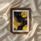 Yellow Modern Abstract Wall Art by iArt Tech Studio featuring flowing golden waves over a deep black background, creating elegant movement and dramatic contrast for contemporary living room, office or bedroom decor.